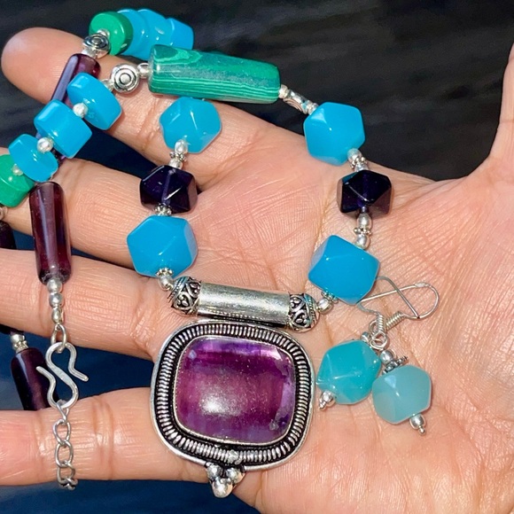 Chalcedony, Malachite, Fluorite Necklace Pendant & Earrings Set - Picture 1 of 13